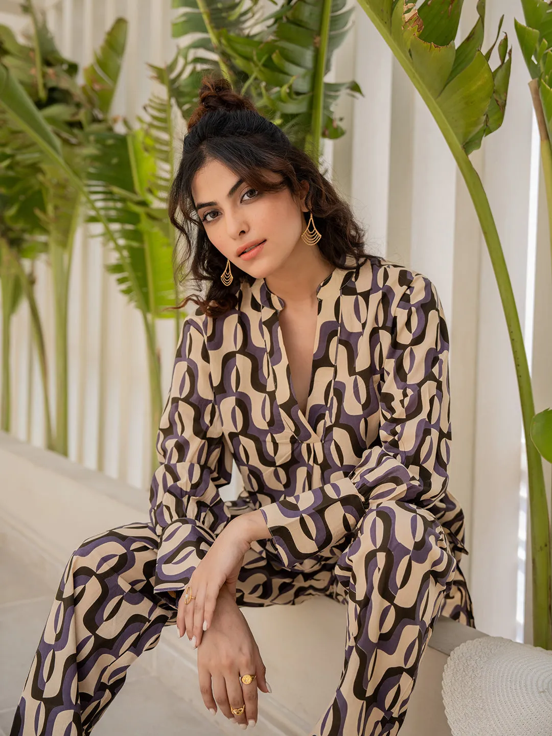 Abstract Caramel Front Pleated Lounge Wear