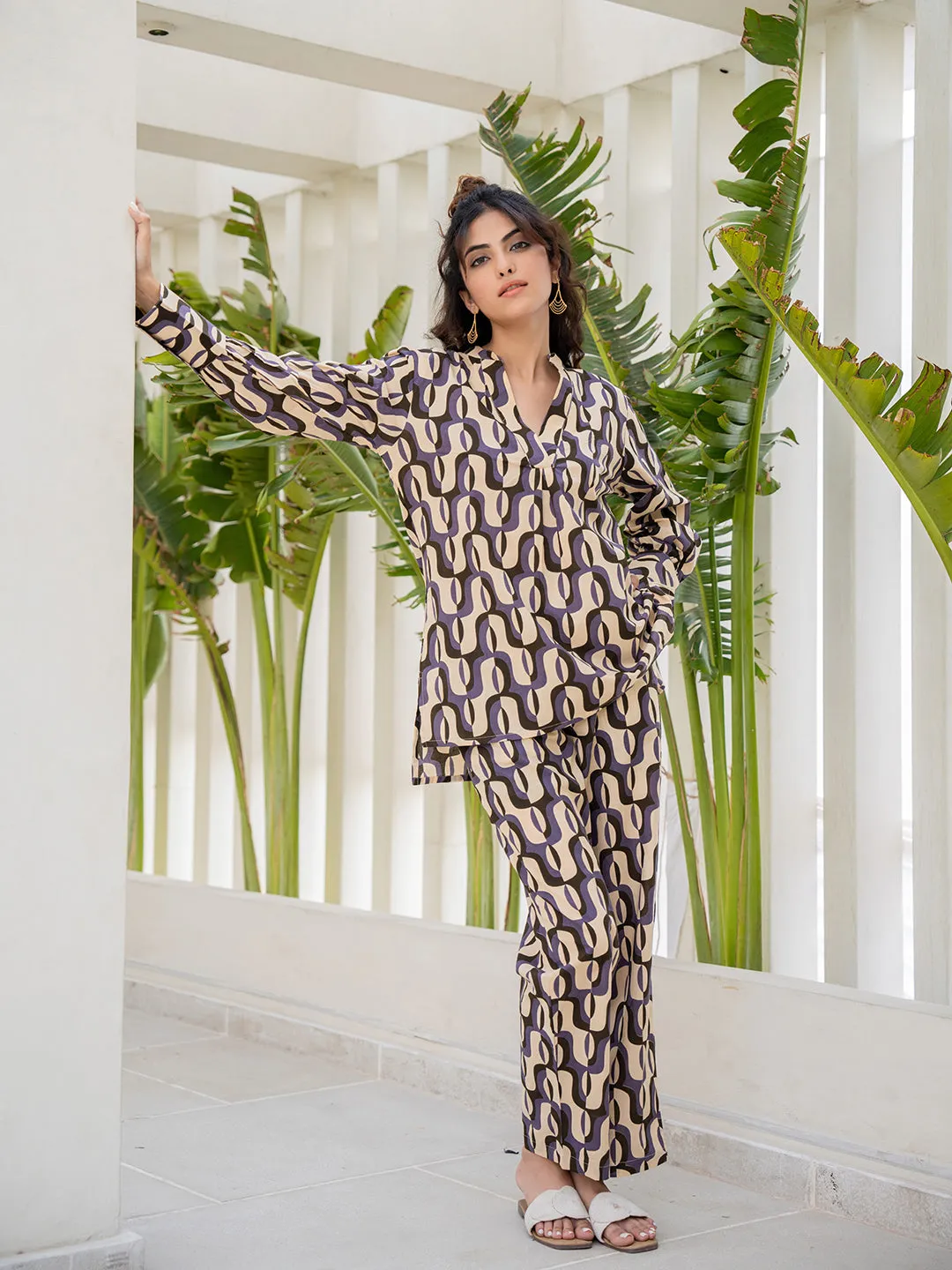 Abstract Caramel Front Pleated Lounge Wear
