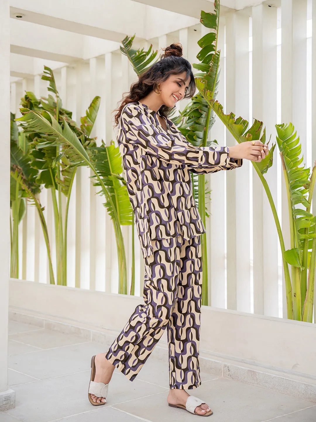 Abstract Caramel Front Pleated Lounge Wear