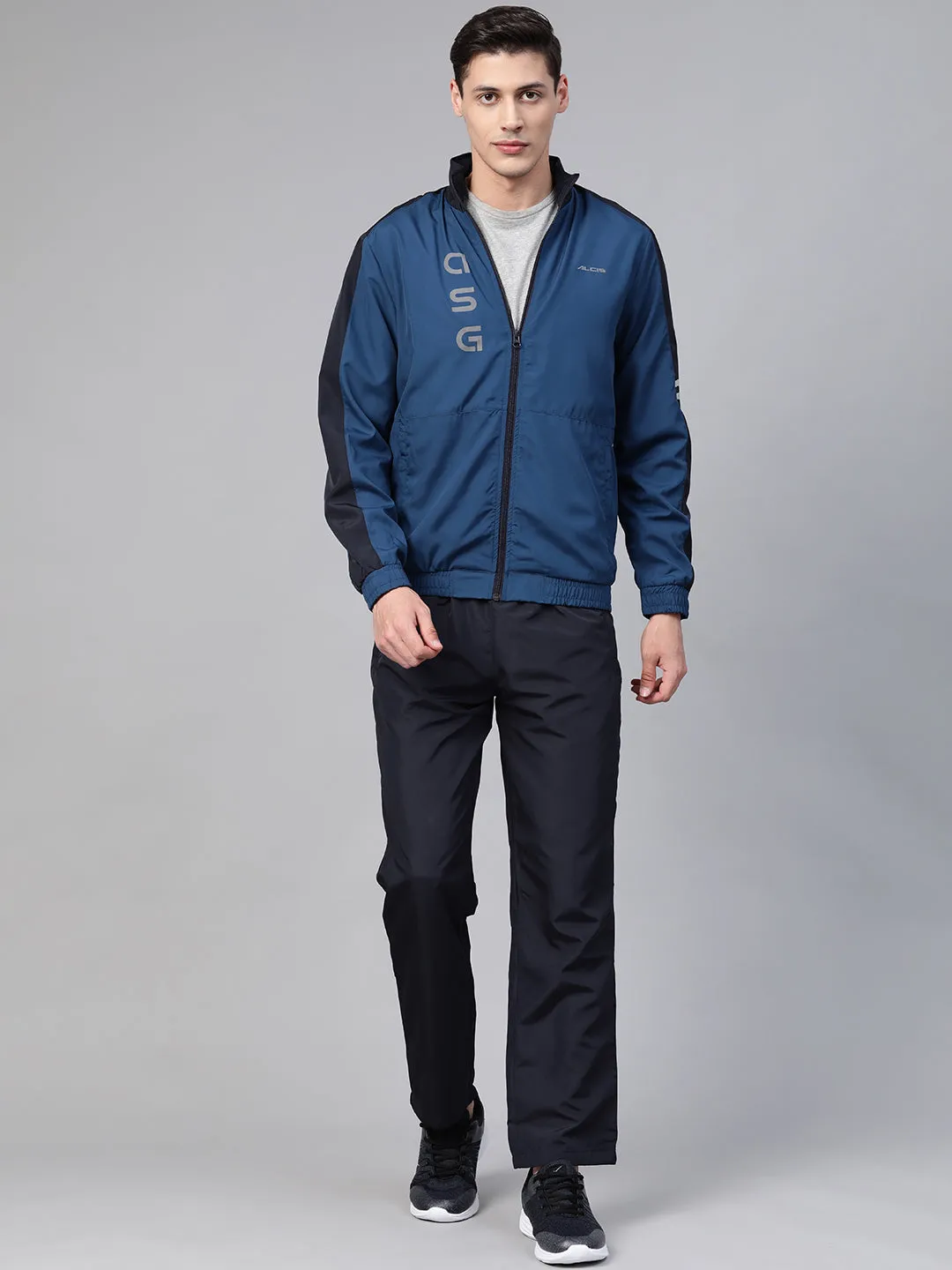 Alcis Men Teal Blue Black Solid Tracksuit