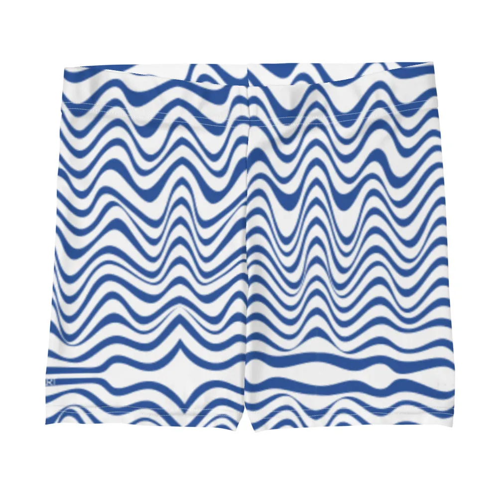 Curvy Women's Shorts, Abstract Wavy Blue White Short Tights For Ladies-Made in USA/EU