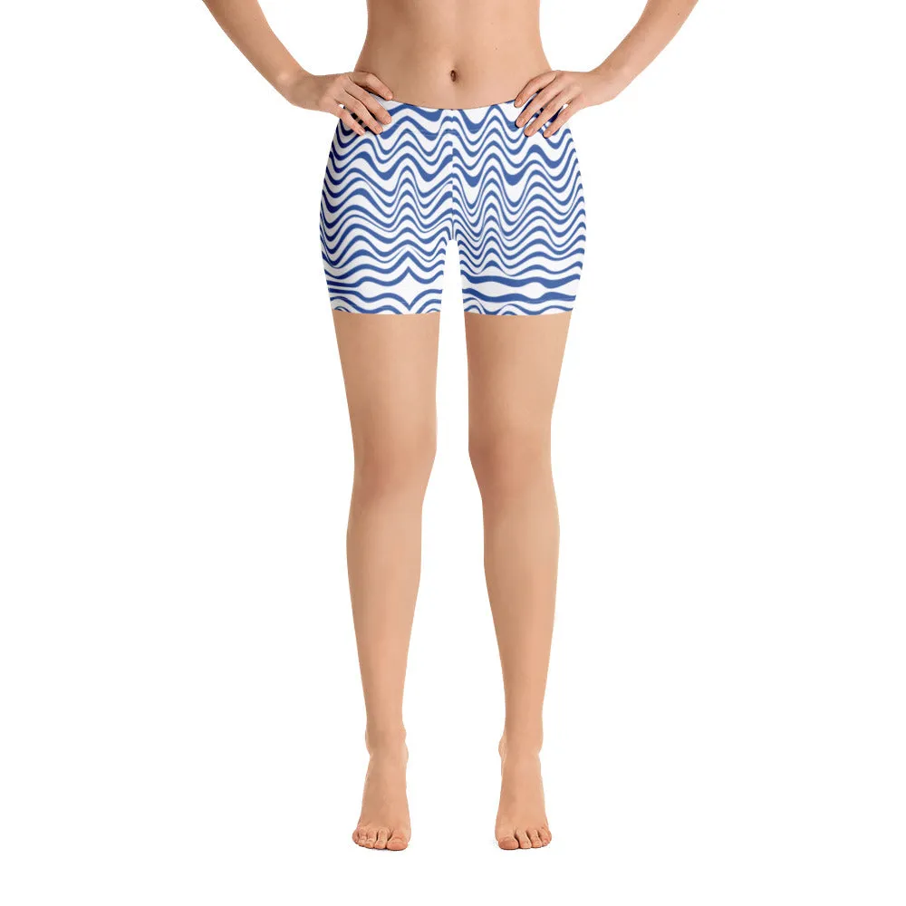 Curvy Women's Shorts, Abstract Wavy Blue White Short Tights For Ladies-Made in USA/EU