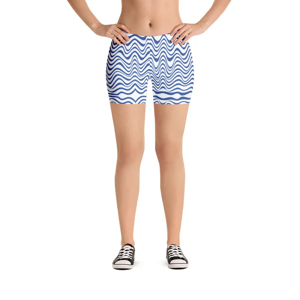 Curvy Women's Shorts, Abstract Wavy Blue White Short Tights For Ladies-Made in USA/EU
