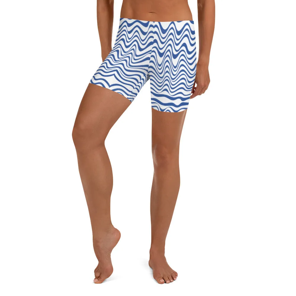 Curvy Women's Shorts, Abstract Wavy Blue White Short Tights For Ladies-Made in USA/EU