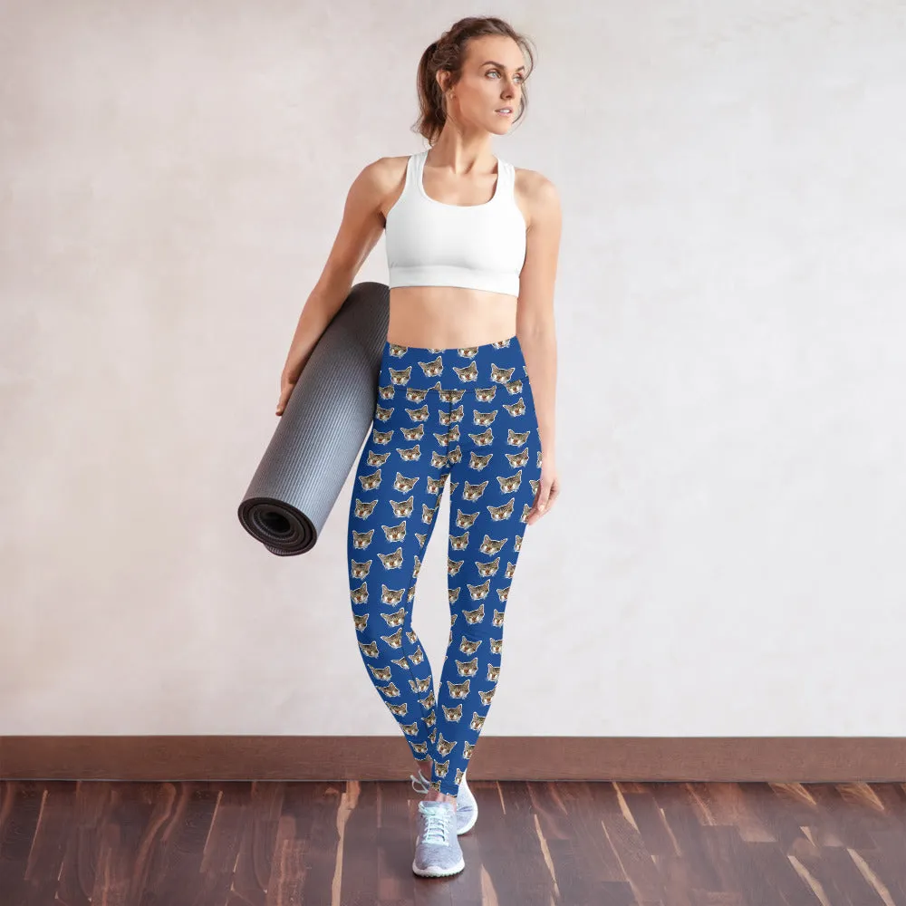 Dark Blue Cat Leggings, Peanut Meow Cat Print Women's Long Yoga Pants- Made in USA/EU