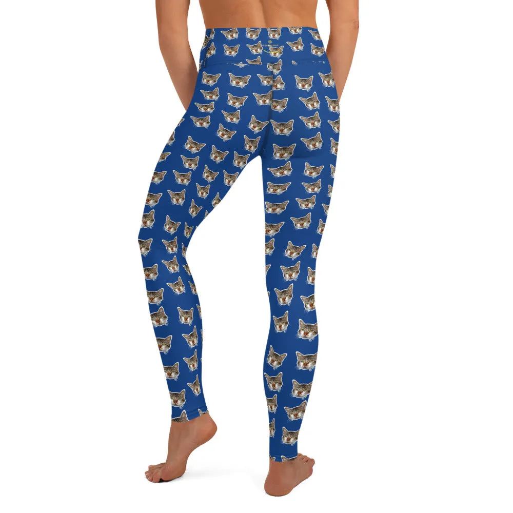 Dark Blue Cat Leggings, Peanut Meow Cat Print Women's Long Yoga Pants- Made in USA/EU