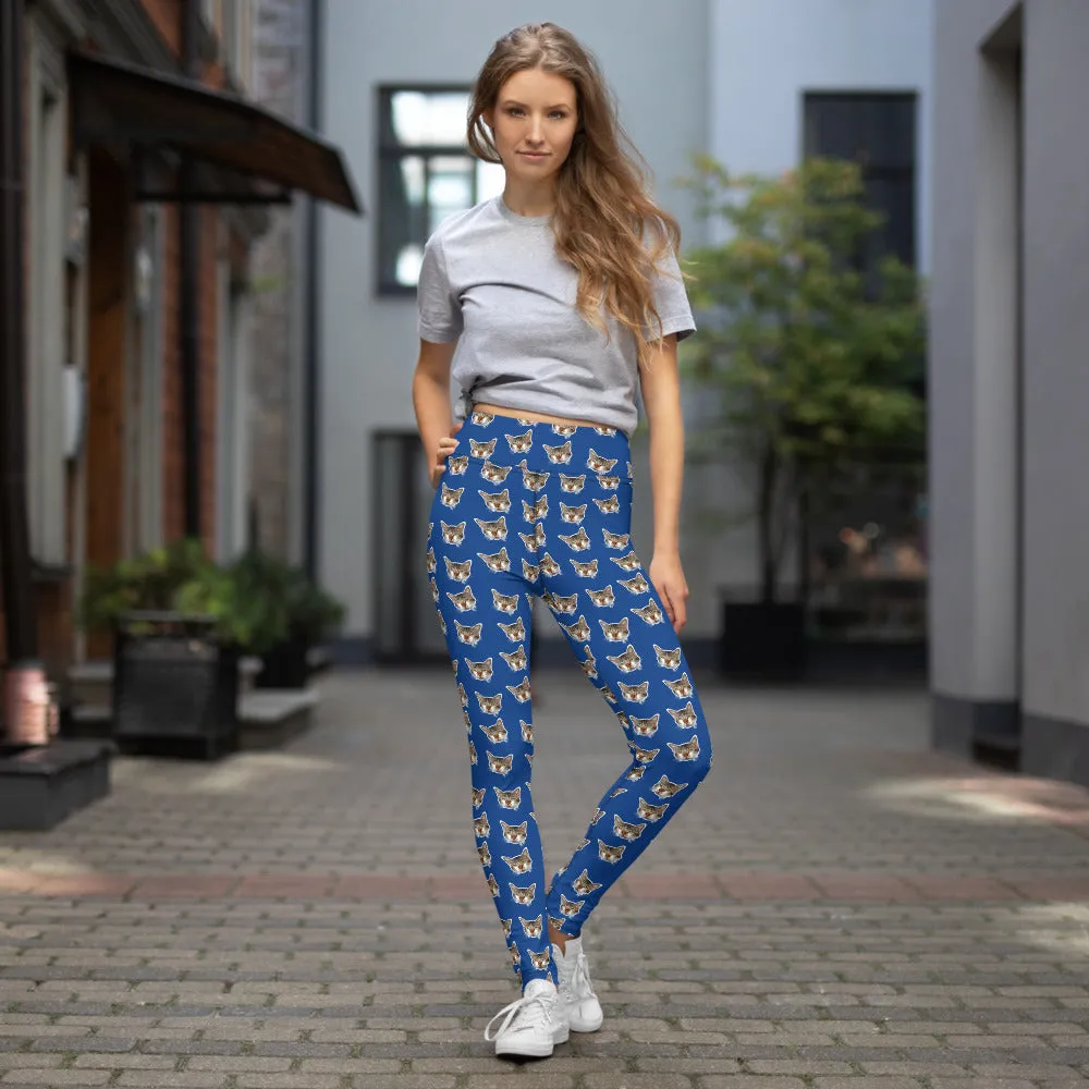 Dark Blue Cat Leggings, Peanut Meow Cat Print Women's Long Yoga Pants- Made in USA/EU