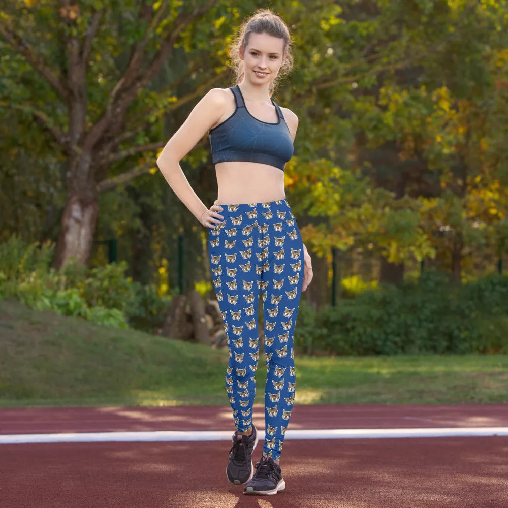 Dark Blue Cat Leggings, Peanut Meow Cat Print Women's Long Yoga Pants- Made in USA/EU