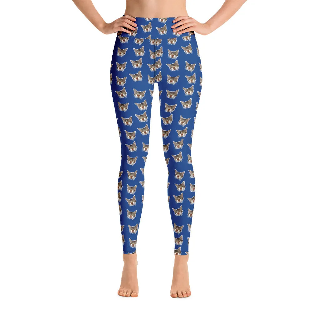 Dark Blue Cat Leggings, Peanut Meow Cat Print Women's Long Yoga Pants- Made in USA/EU