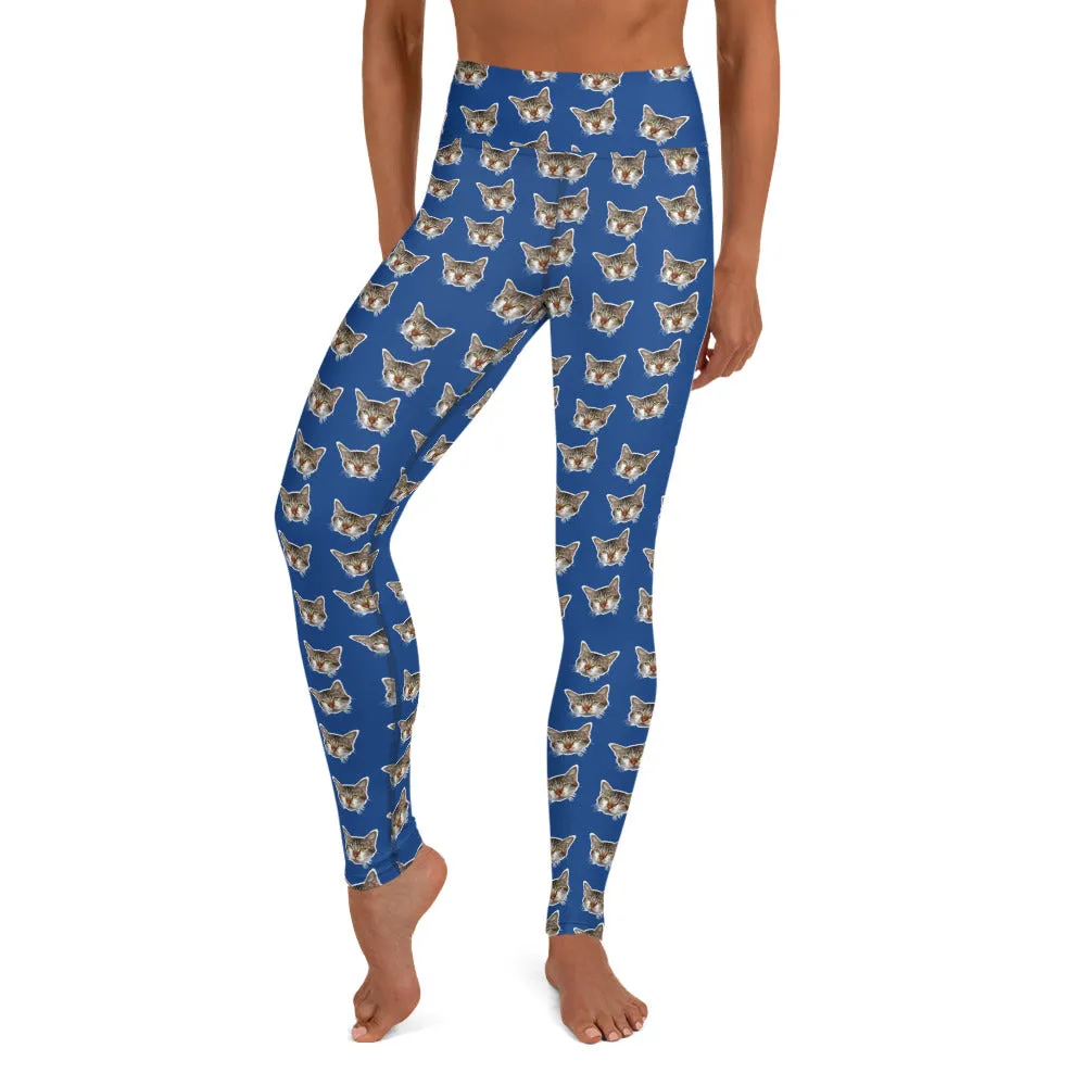 Dark Blue Cat Leggings, Peanut Meow Cat Print Women's Long Yoga Pants- Made in USA/EU
