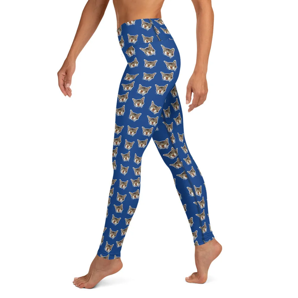 Dark Blue Cat Leggings, Peanut Meow Cat Print Women's Long Yoga Pants- Made in USA/EU