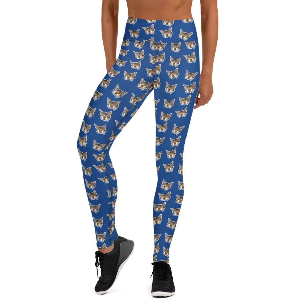 Dark Blue Cat Leggings, Peanut Meow Cat Print Women's Long Yoga Pants- Made in USA/EU