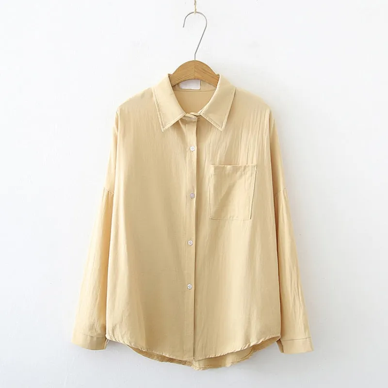 Pure Cotton Women Shirts Loose Korean Oversize Autumn Long Sleeve Button Up Shirt Fashion Pocket Solid Female Tops