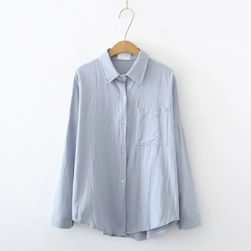 Pure Cotton Women Shirts Loose Korean Oversize Autumn Long Sleeve Button Up Shirt Fashion Pocket Solid Female Tops