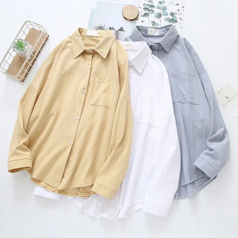 Pure Cotton Women Shirts Loose Korean Oversize Autumn Long Sleeve Button Up Shirt Fashion Pocket Solid Female Tops