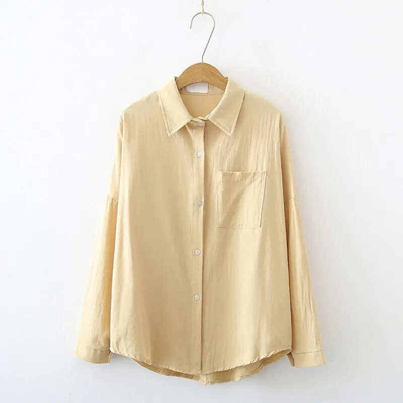 Pure Cotton Women Shirts Loose Korean Oversize Autumn Long Sleeve Button Up Shirt Fashion Pocket Solid Female Tops