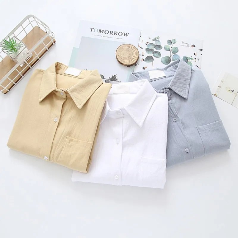 Pure Cotton Women Shirts Loose Korean Oversize Autumn Long Sleeve Button Up Shirt Fashion Pocket Solid Female Tops