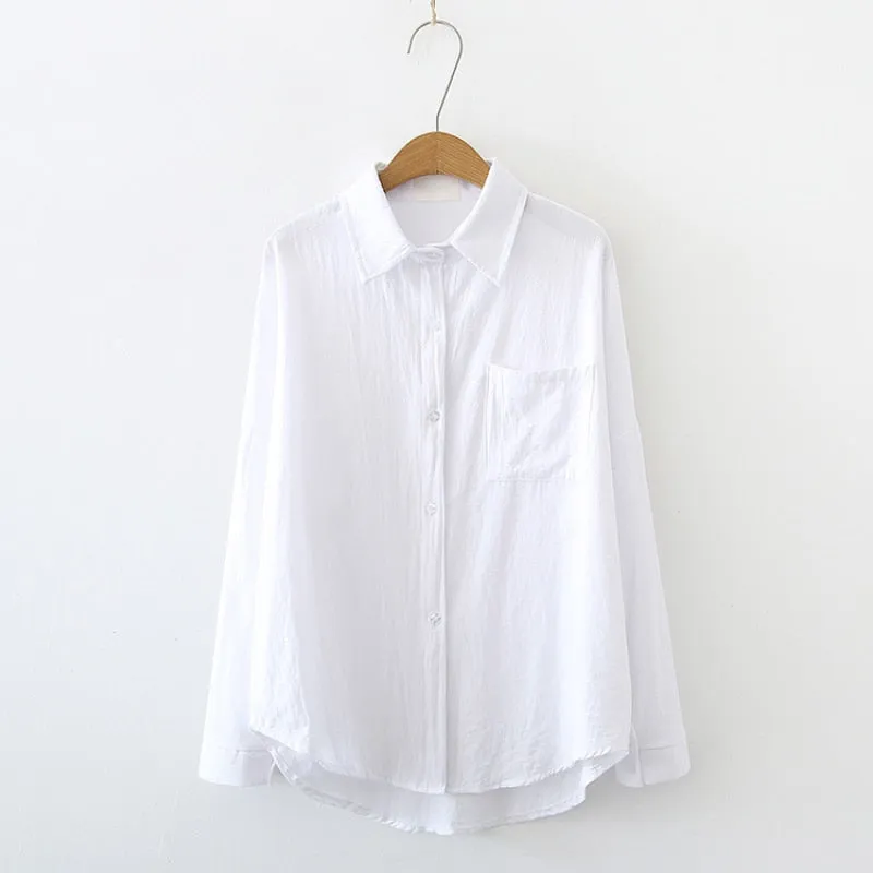Pure Cotton Women Shirts Loose Korean Oversize Autumn Long Sleeve Button Up Shirt Fashion Pocket Solid Female Tops